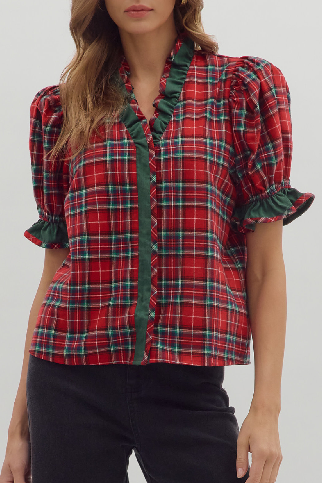 Entro Ruffle trim plaid shirt