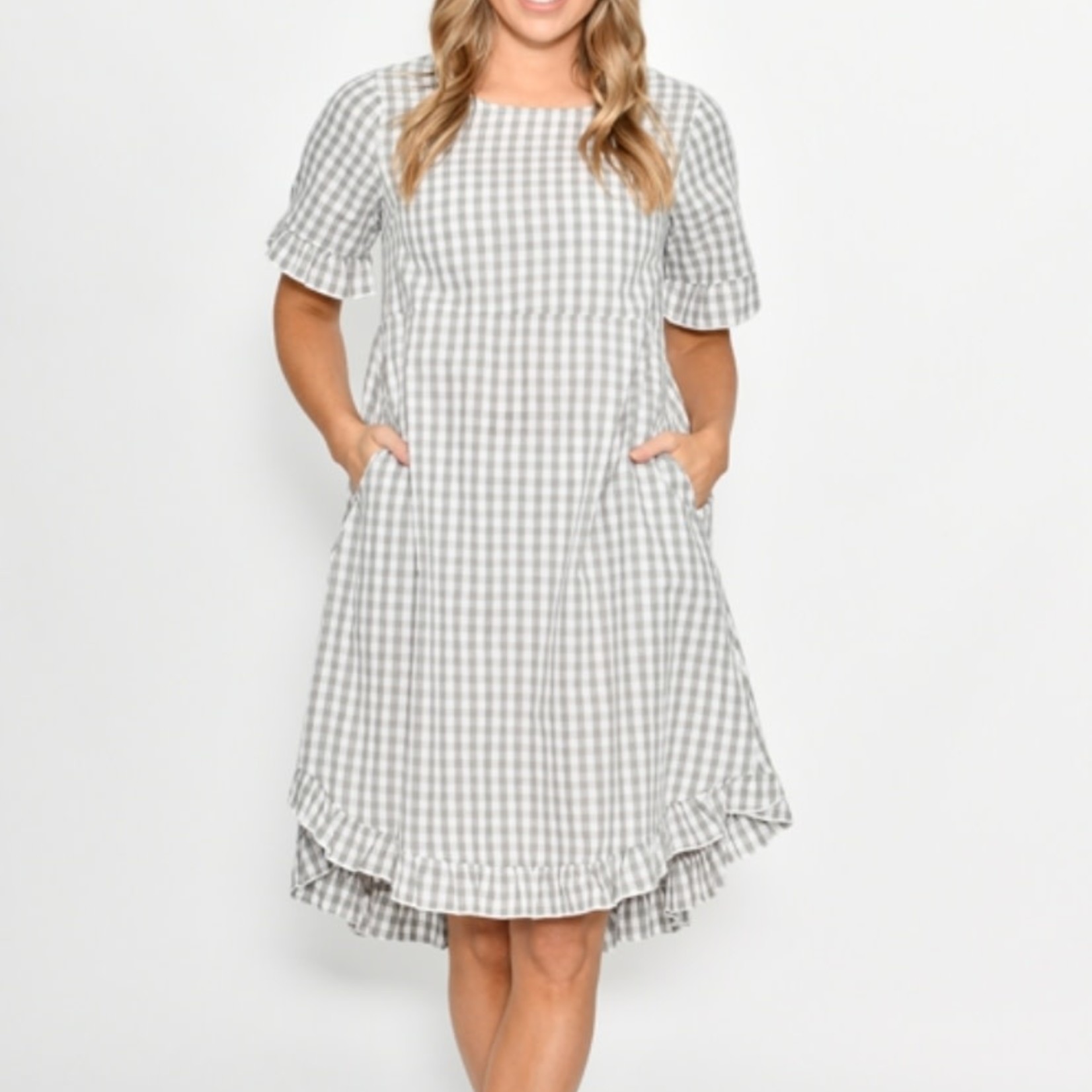Cali & Co Button Back Cotton Frill Grey Gingham Dress