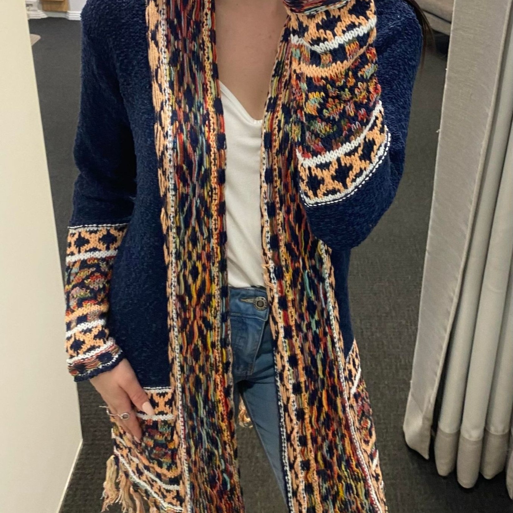Isabella Boho Aztec knit cardi - Navy/Multi