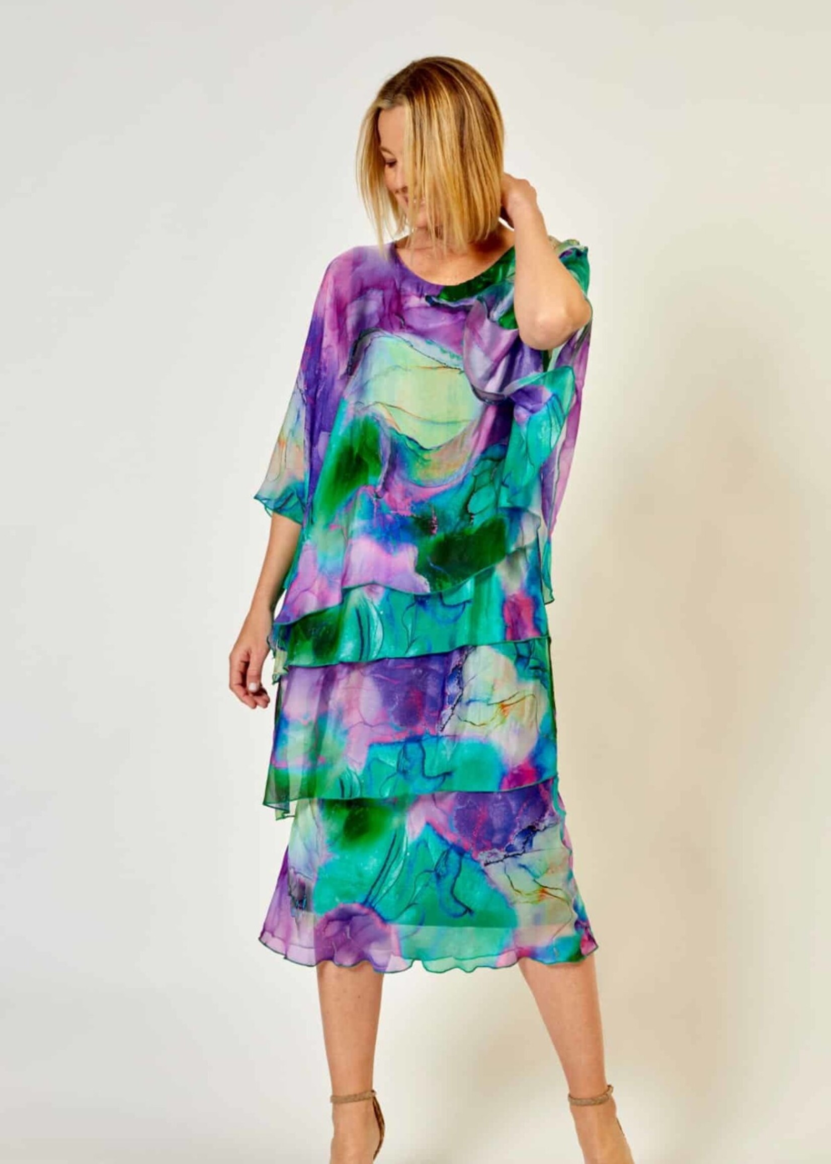 La Strada Multi-Layer Silk Blend Dress Multi Green/Purple print