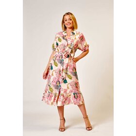 La Strada Linen Gathered Collar Floral Print Dress