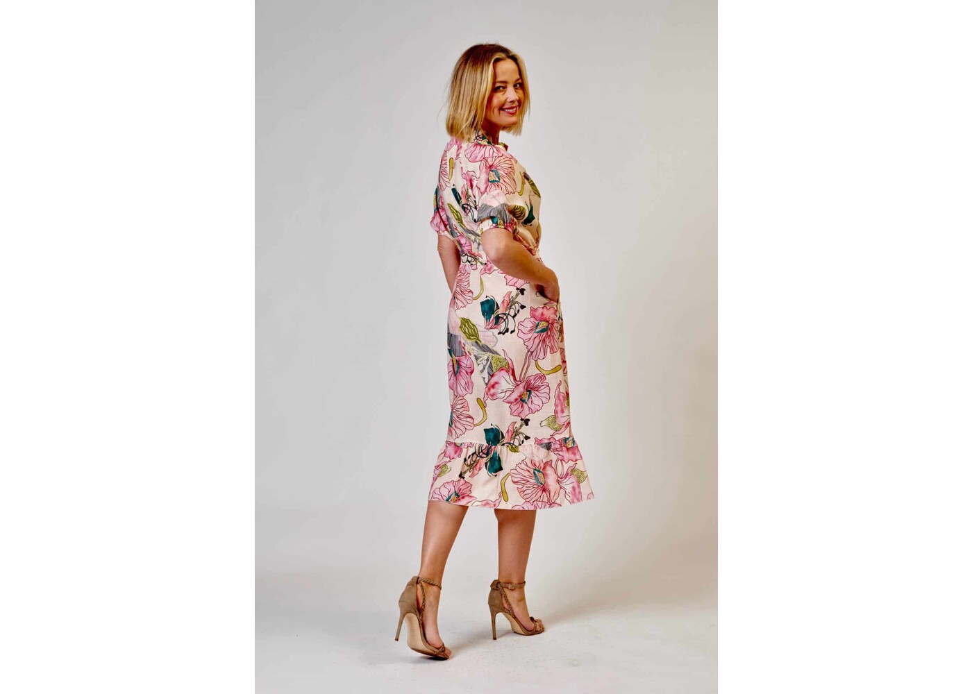 La Strada Linen Gathered Collar Floral Print Dress
