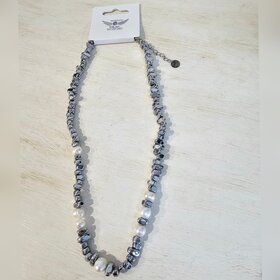 Blue Scarab Pewter & Pearl Detail Necklace