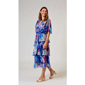 La Strada Chiffon Crossover Neckline Dress Multi Royal Blue/Pink Floral size S