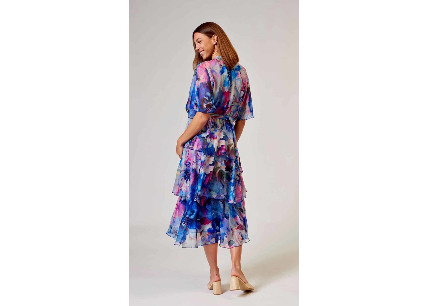 La Strada Chiffon Crossover Neckline Dress Multi Royal Blue/Pink Floral size S
