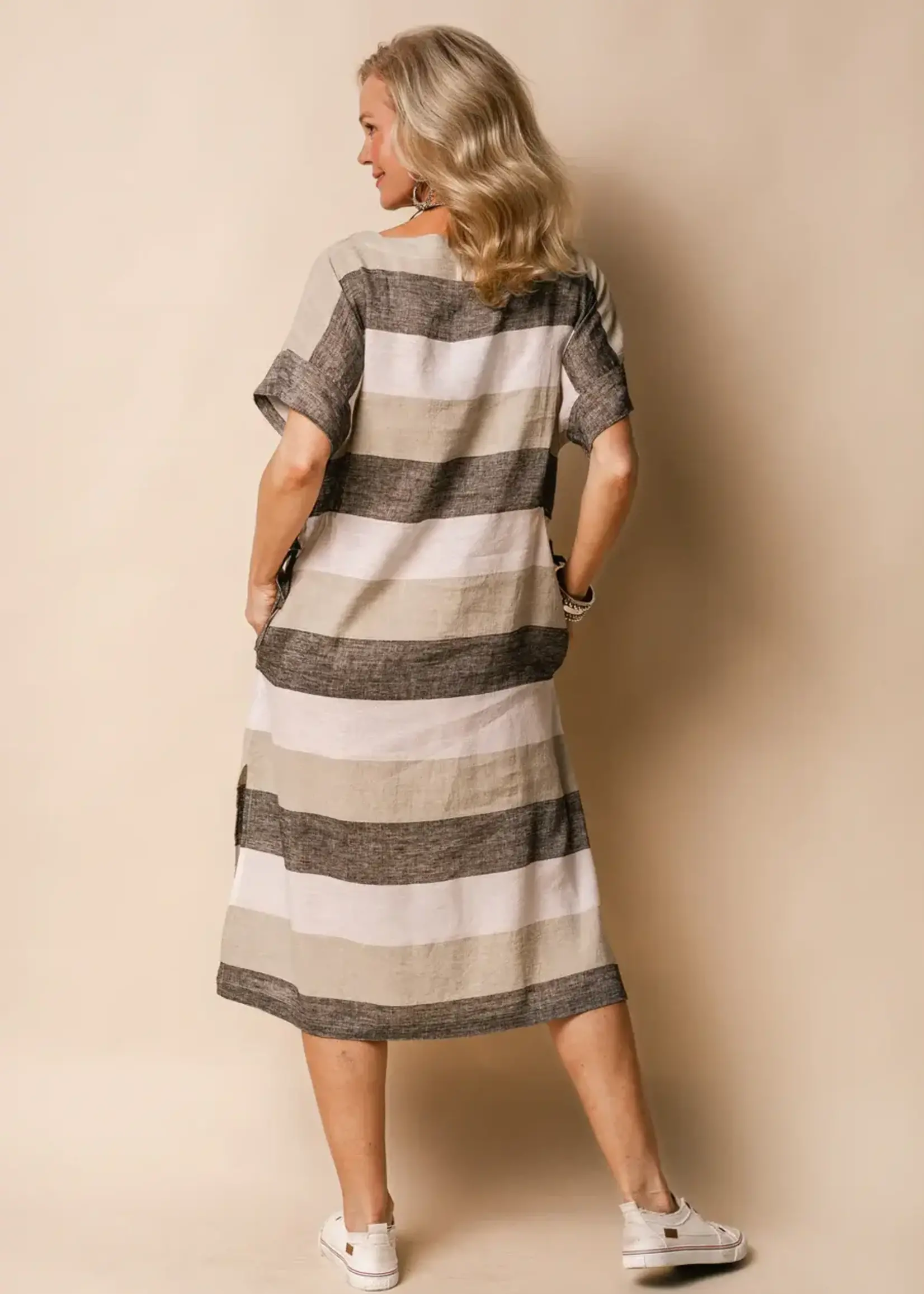 Imagine Fashion Moxie Linen Blend Dress in Latte Stripes
