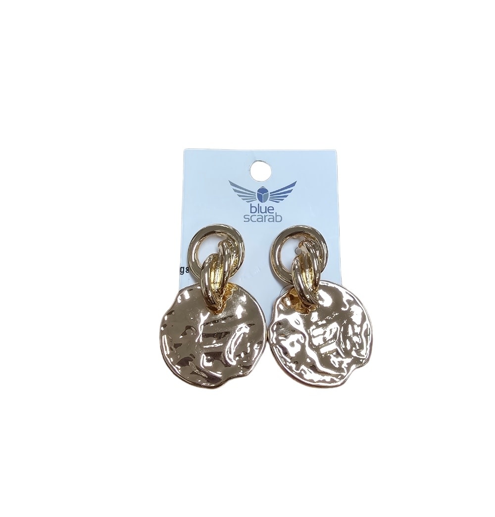 Blue Scarab Gold Hammered Earrings