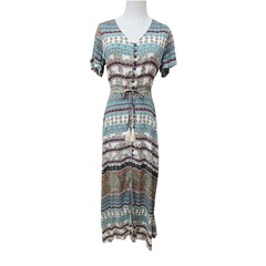 Savarna Tribe Long Button Down Dress Cap Sleeve