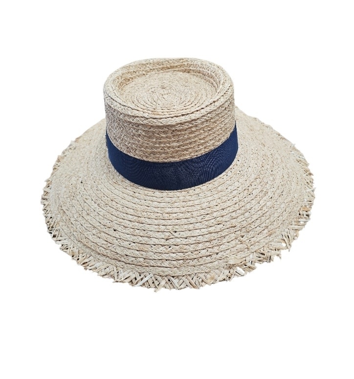 Sundaise Hats Peta Boater Raffia Hat with Navy Ribbon