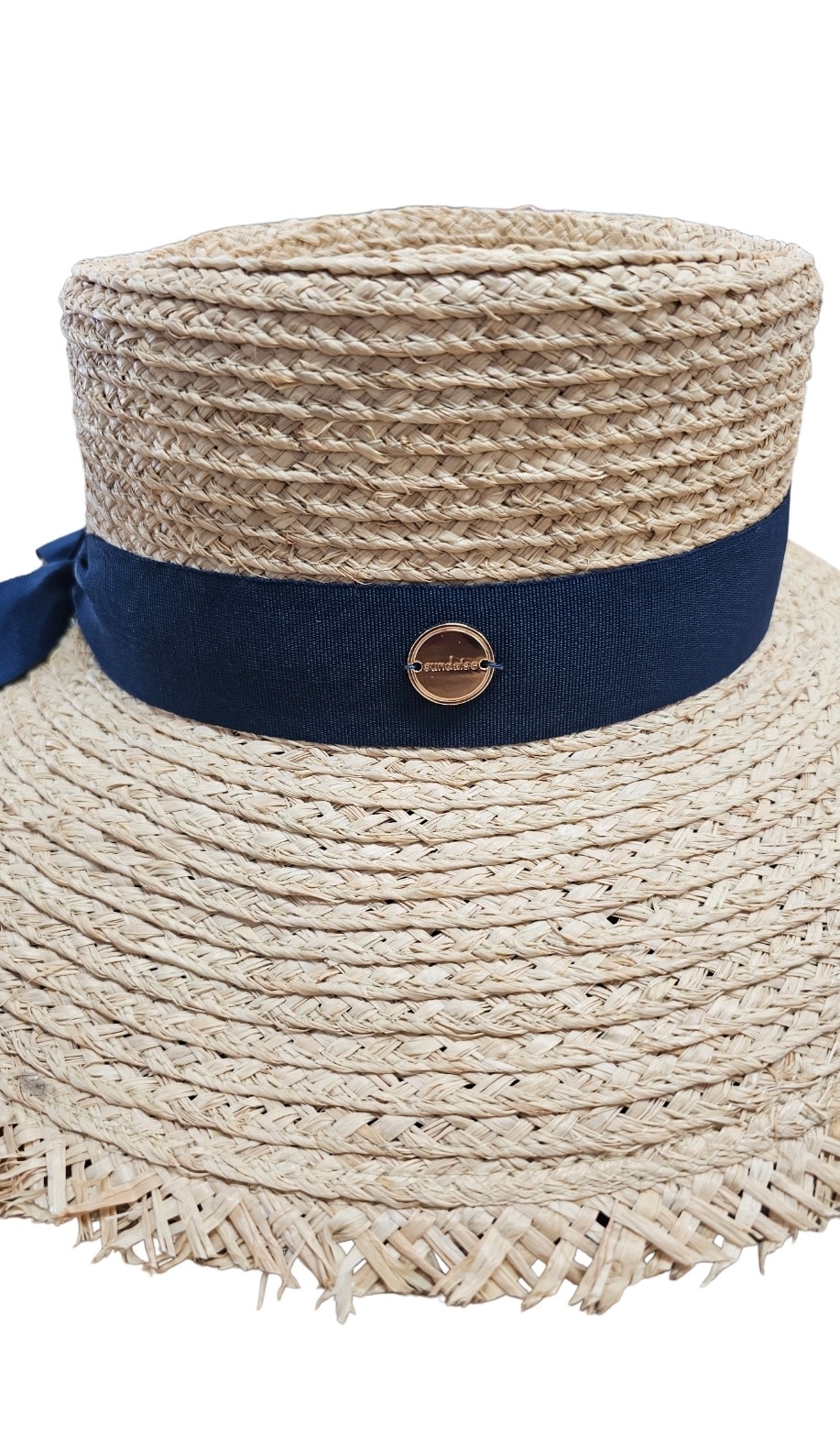 Sundaise Hats Peta Boater Raffia Hat with Navy Ribbon