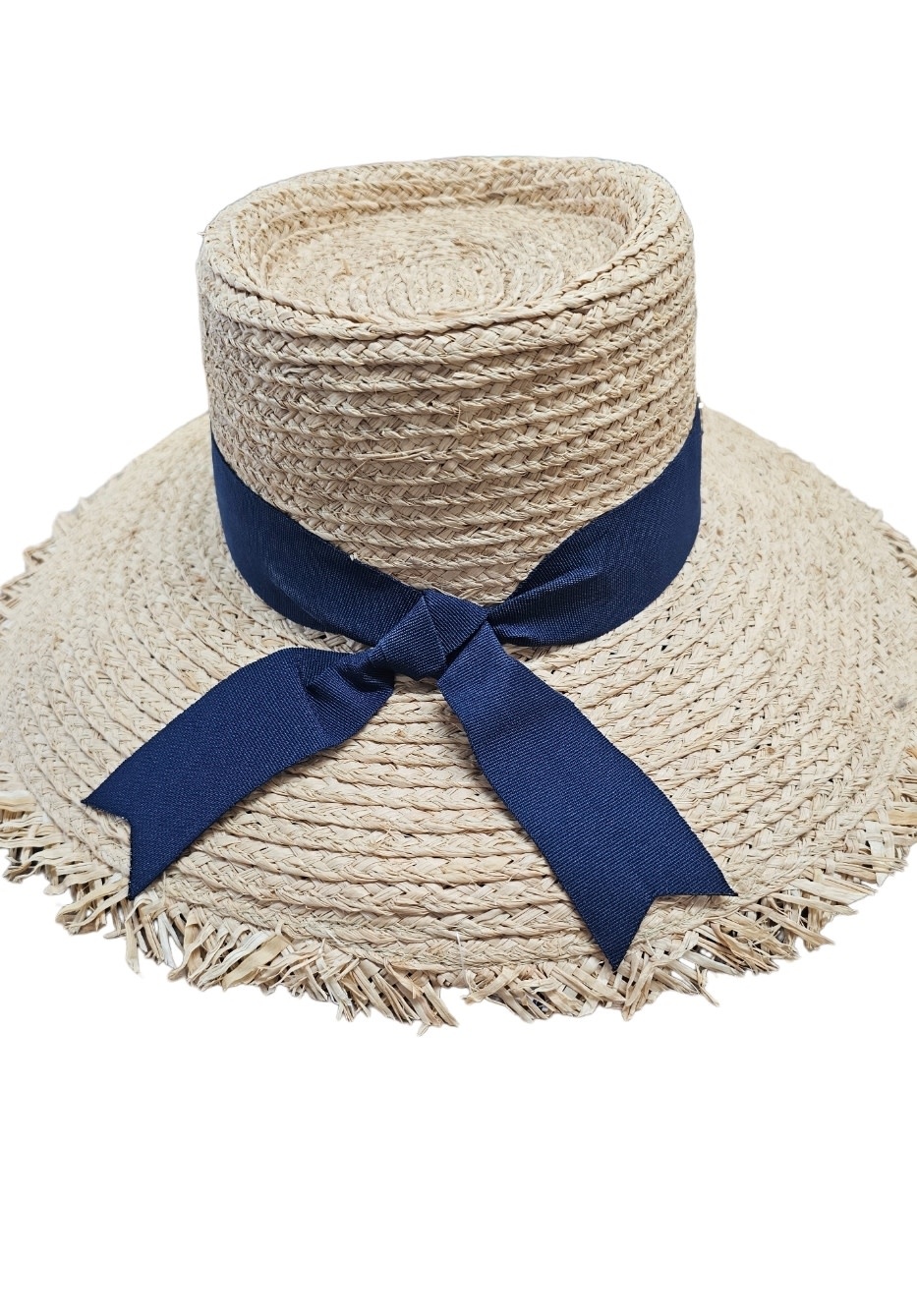 Sundaise Hats Peta Boater Raffia Hat with Navy Ribbon