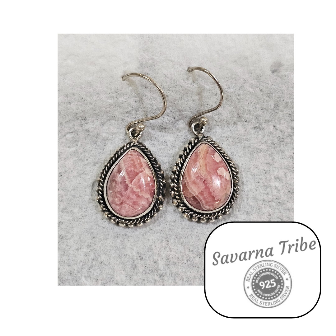 Savarna Tribe Sterling Silver Rhodochrosite Tear Drop Earrings