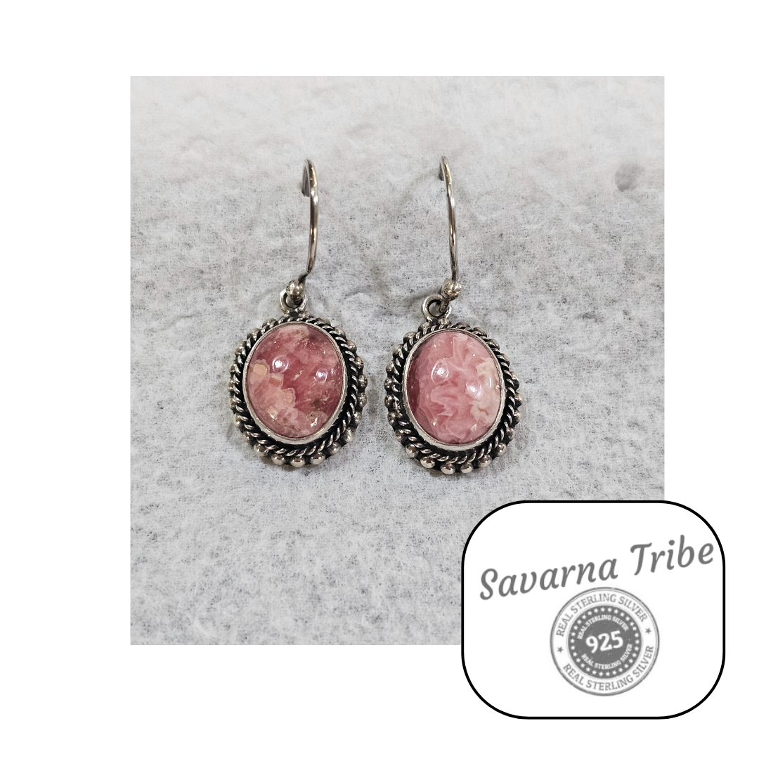 Savarna Tribe Sterling Silver Rhodochrosite Oval Earrings
