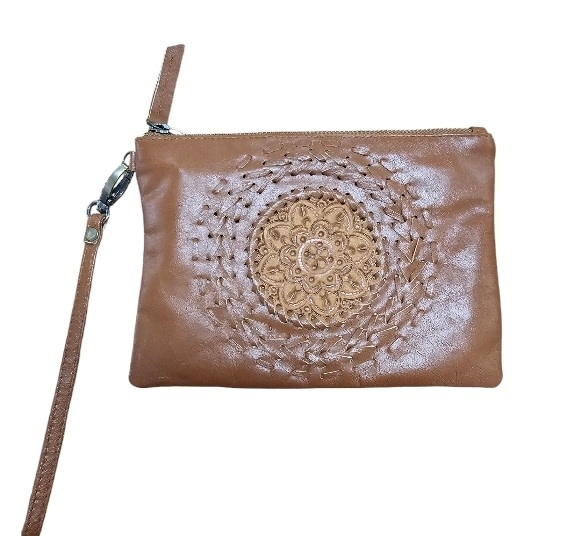Savarna Tribe Tan Boho Hand Tooled Clutch