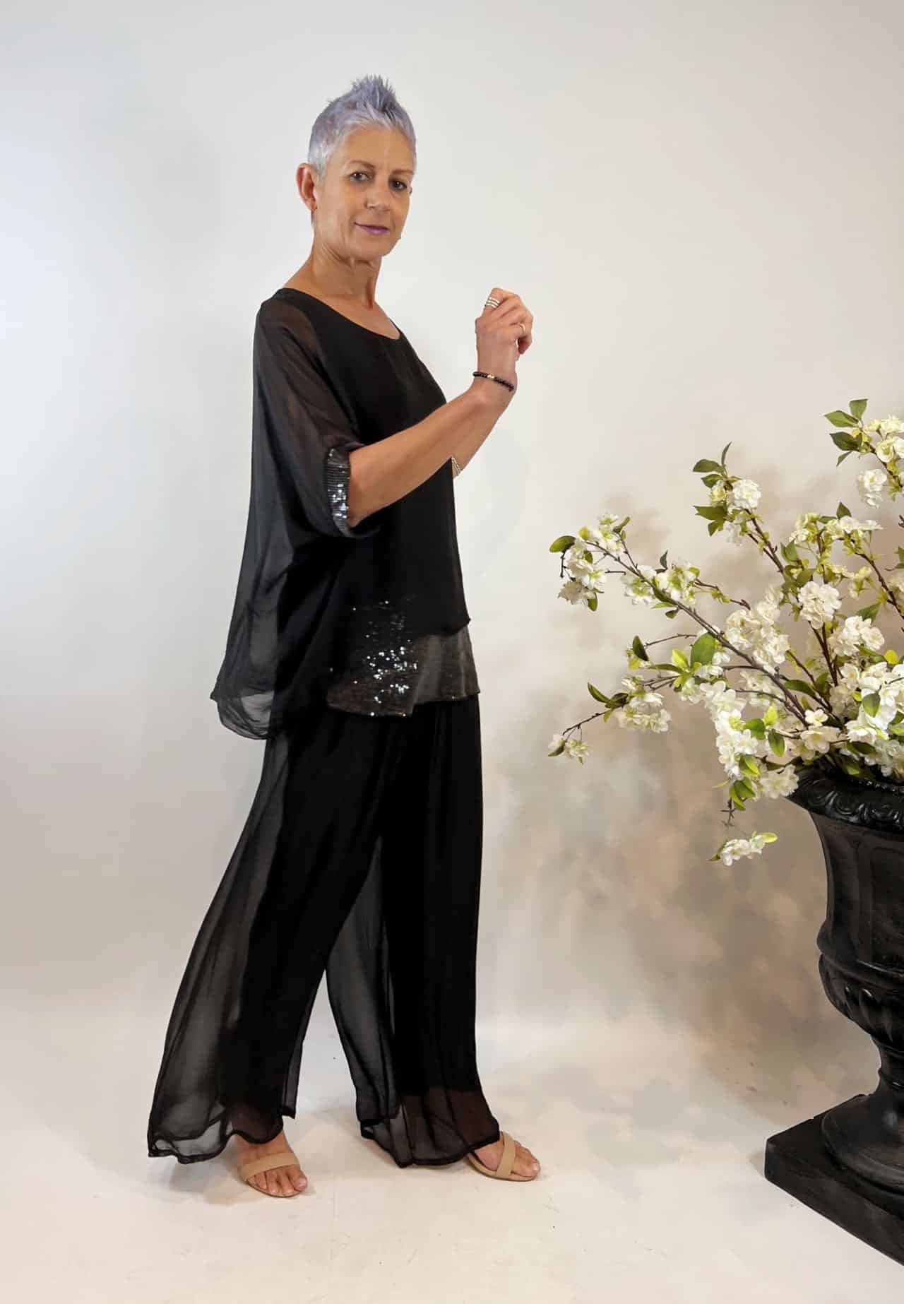 La Strada Cassia Black Silk Sequin Trim Top