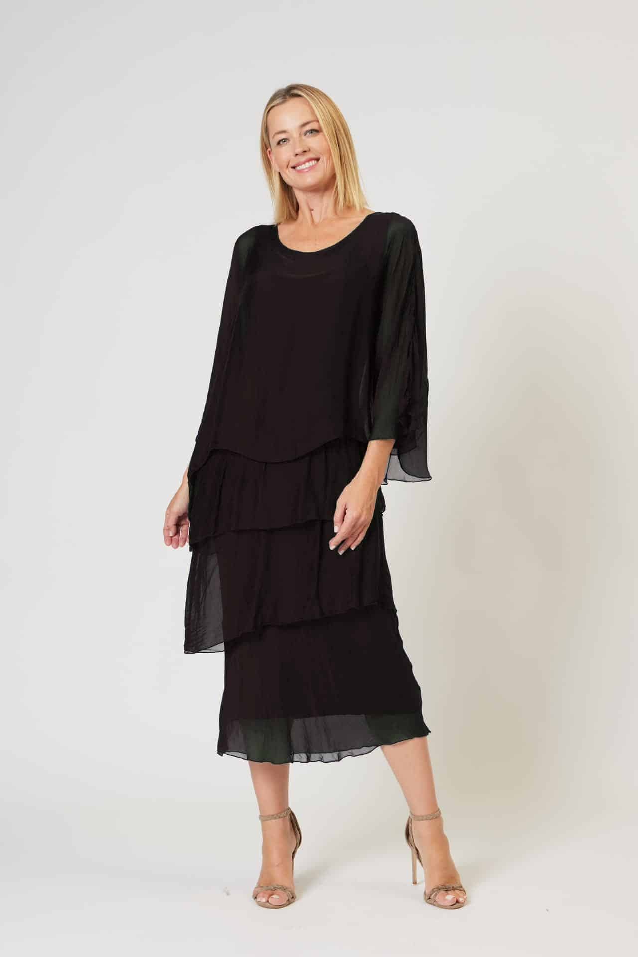 La Strada Italian Black Silk Layered Dress - Size Small
