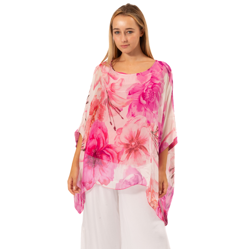 Vera May Floral Fuxia Silk Top