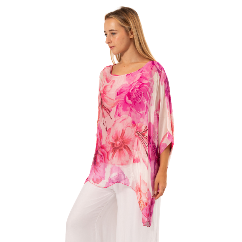 Vera May Floral Fuxia Silk Top