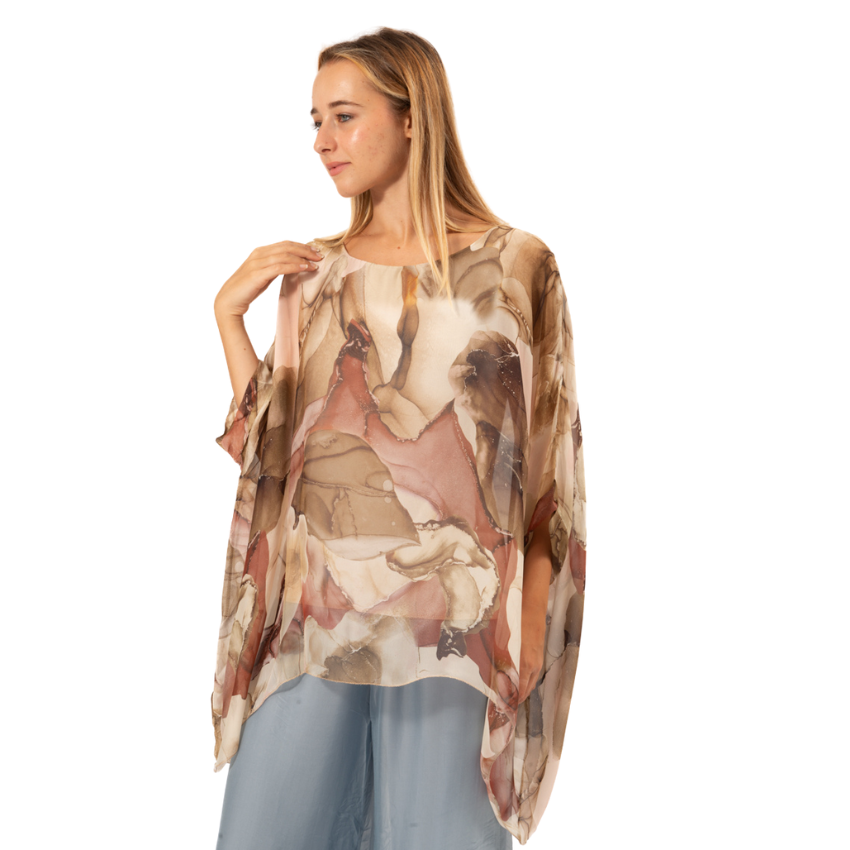Vera May Beige Marble Print Silk Top