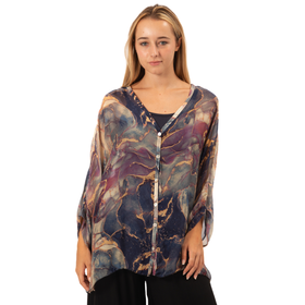 Vera May Navy Marble Button up Silk Top