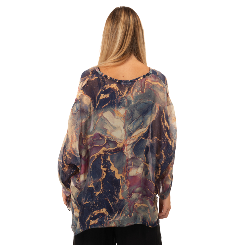 Vera May Navy Marble Button up Silk Top