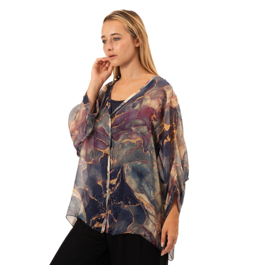 Vera May Navy Marble Button up Silk Top