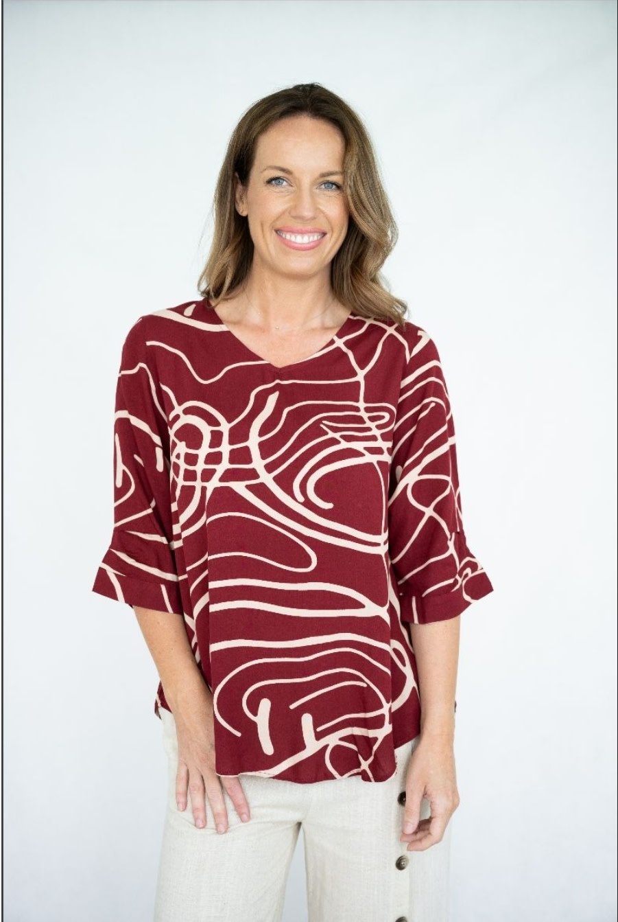 Willow Tree Scribble Burgundy Button Back Top