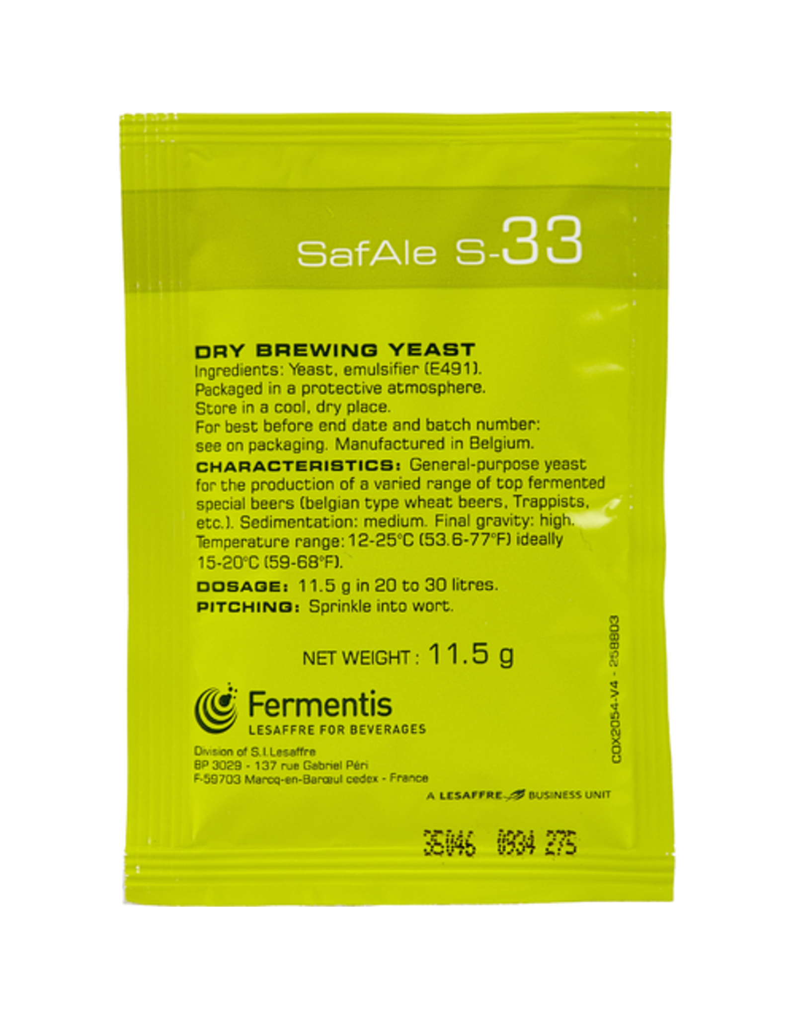 Fermentis FERMENTIS SAFALE S-33 DRY BREWING YEAST 11.5 G