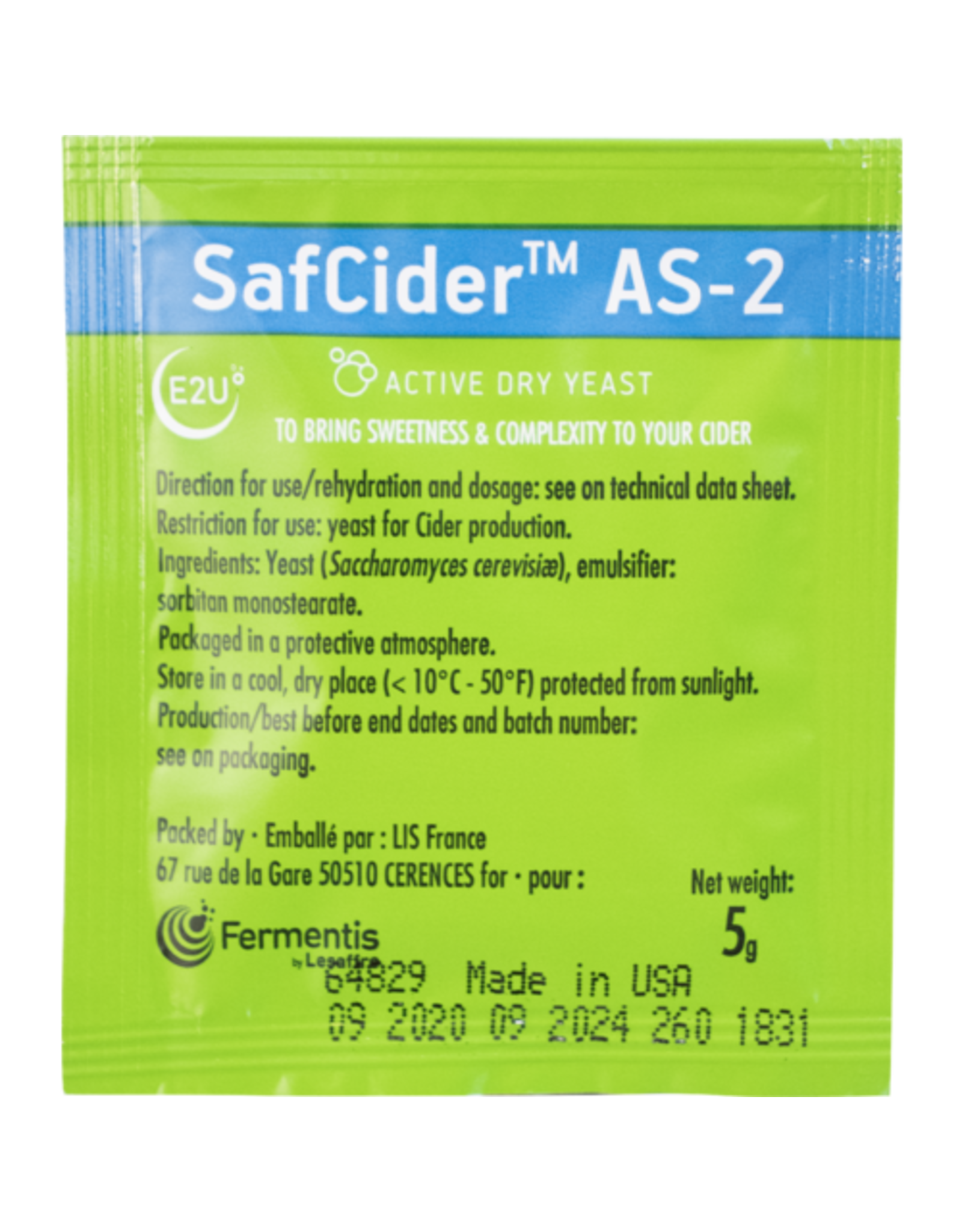 Fermentis SafCider  dry yeast AS-2 5g cider yeast