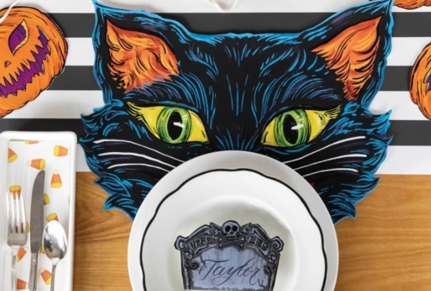 Cat Food Mat For Feed Bowl, Black Cat Pattern Halloween Decor