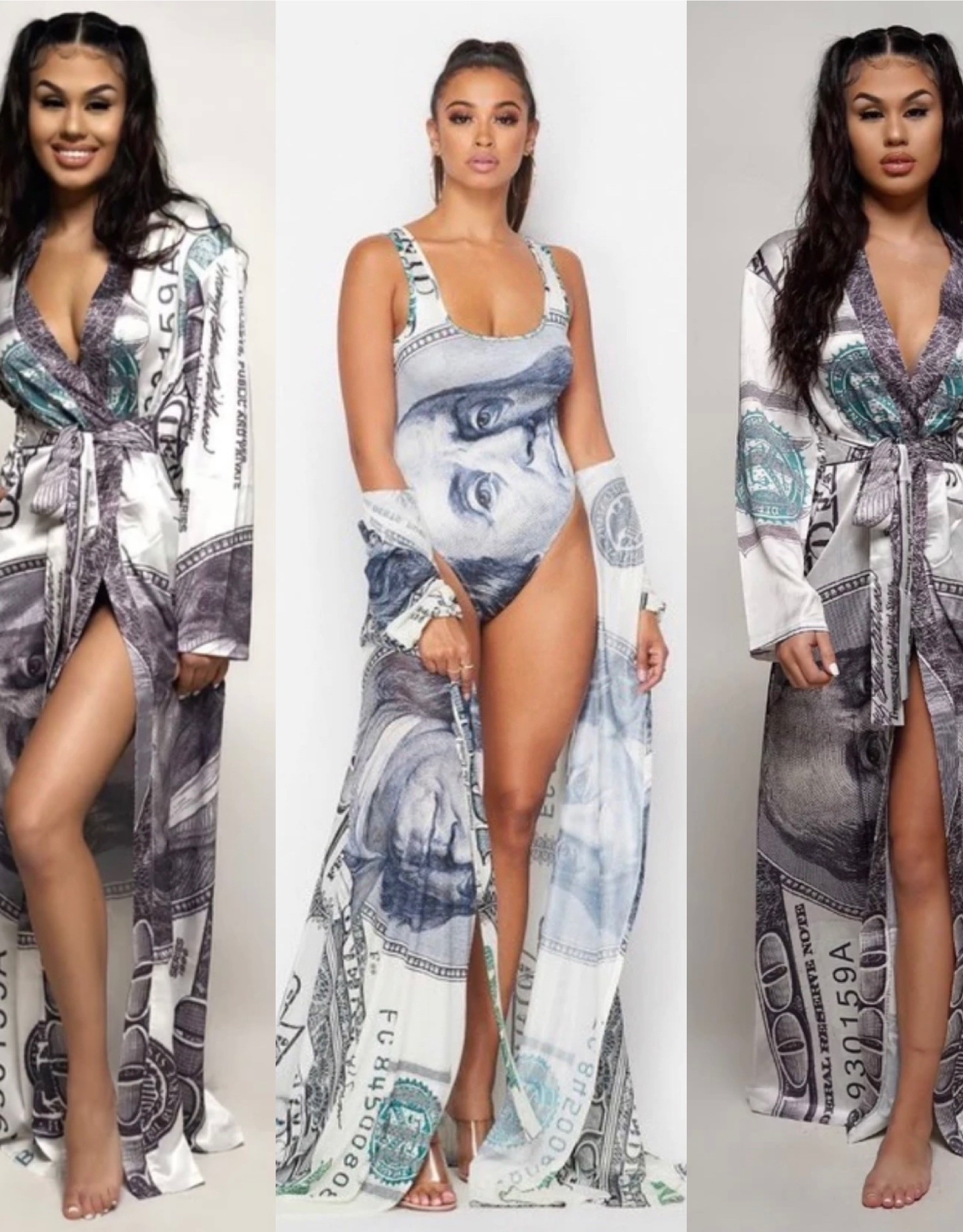 MONEY PRINT BODYSUIT AND CARDIGAN SET BLUE