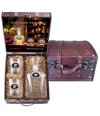 Heritage Pewter UGA - Georgia "G" Capitol Decanter w/2 Double Old Fashion Glasses in Chest Box