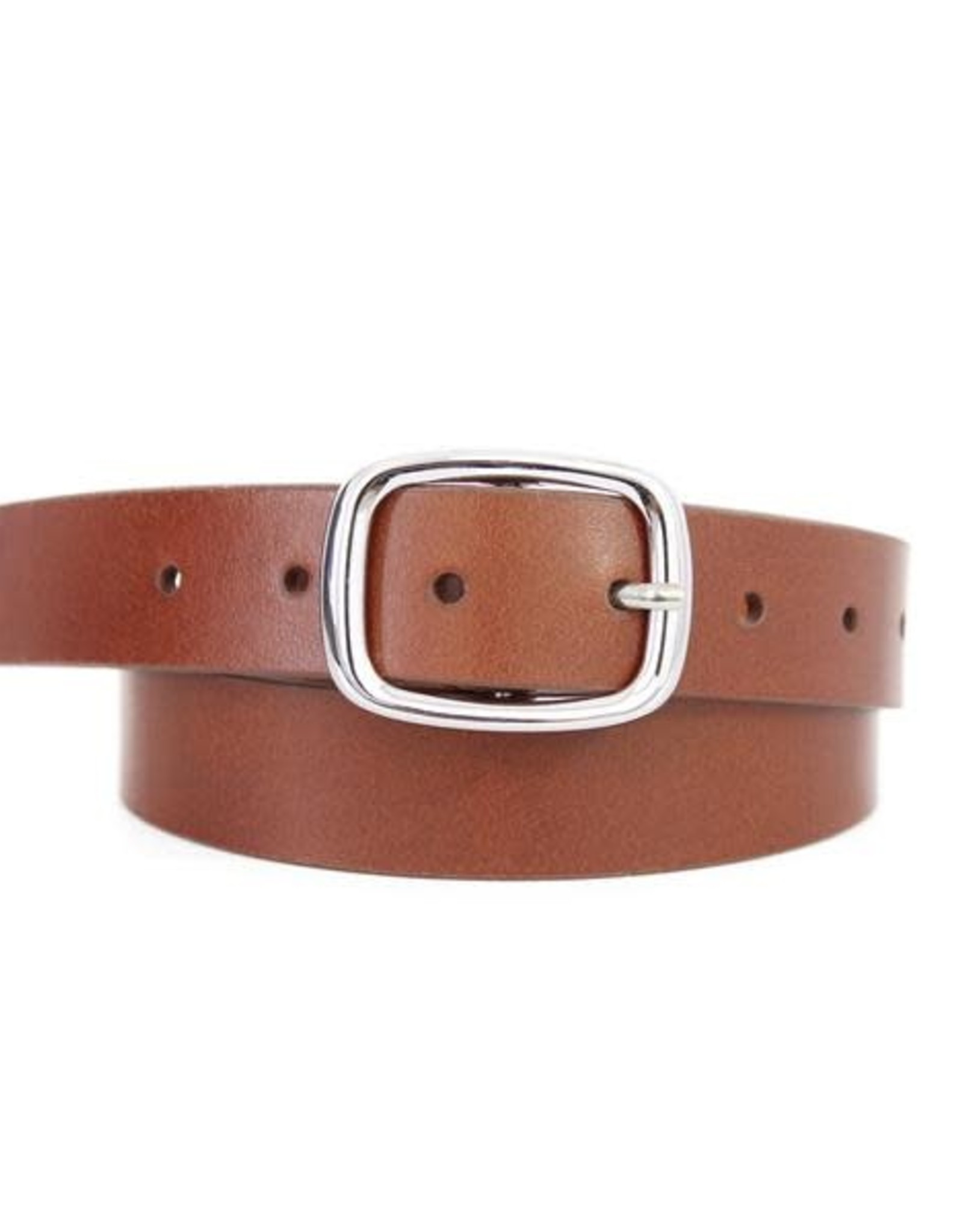 - Cognac Basic Silver Rectangle Buckle Leather Belt