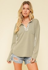 - Olive/Camo Print Eyelet Henley Knit Top