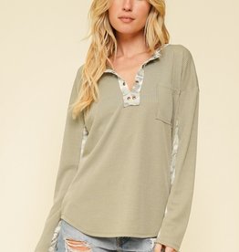 - Olive/Camo Print Eyelet Henley Knit Top