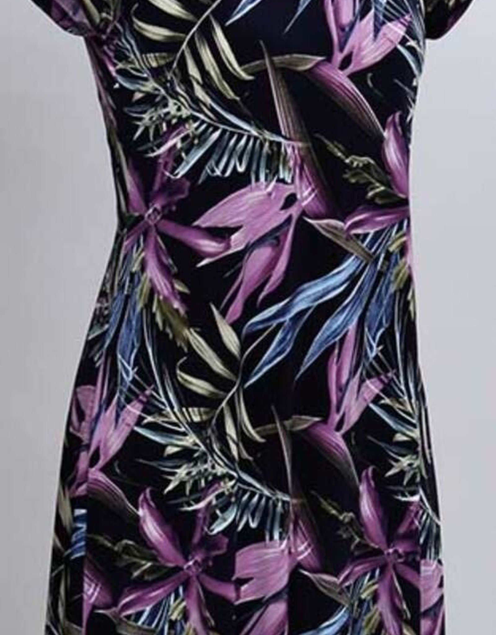 - Purple/Blue/Black Leaf Print Short Sleeve Dress