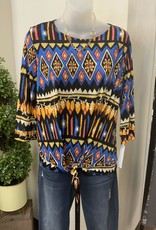 - Black/Blue/Yellow Print 3/4 Sleeve Top w/Front Tie