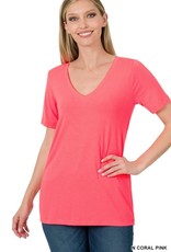 - Coral Pink Short Sleeve V-Neck Top
