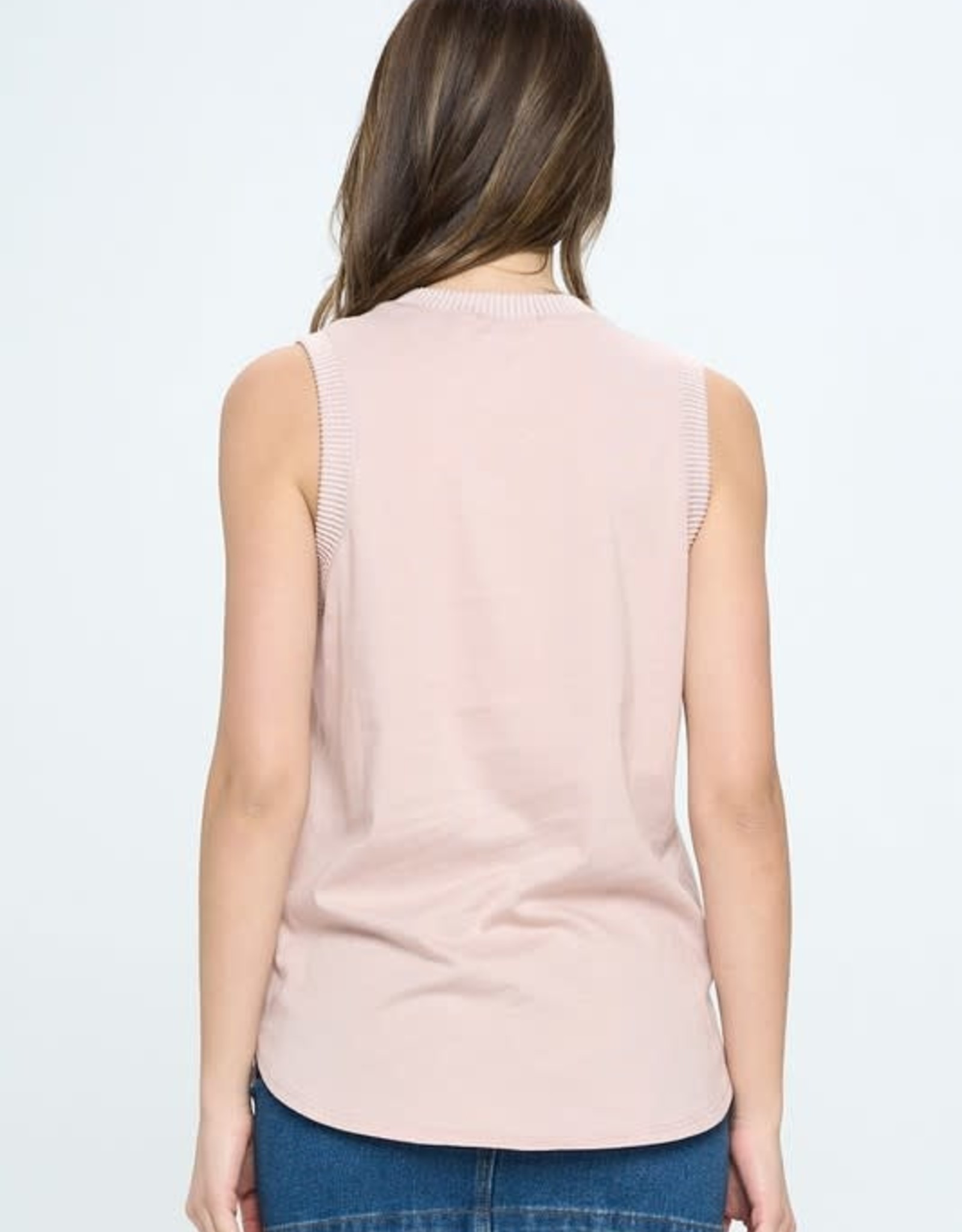 - Dusty Pink Cotton Mix Sleeveless Ribbed Trim Contrast Top