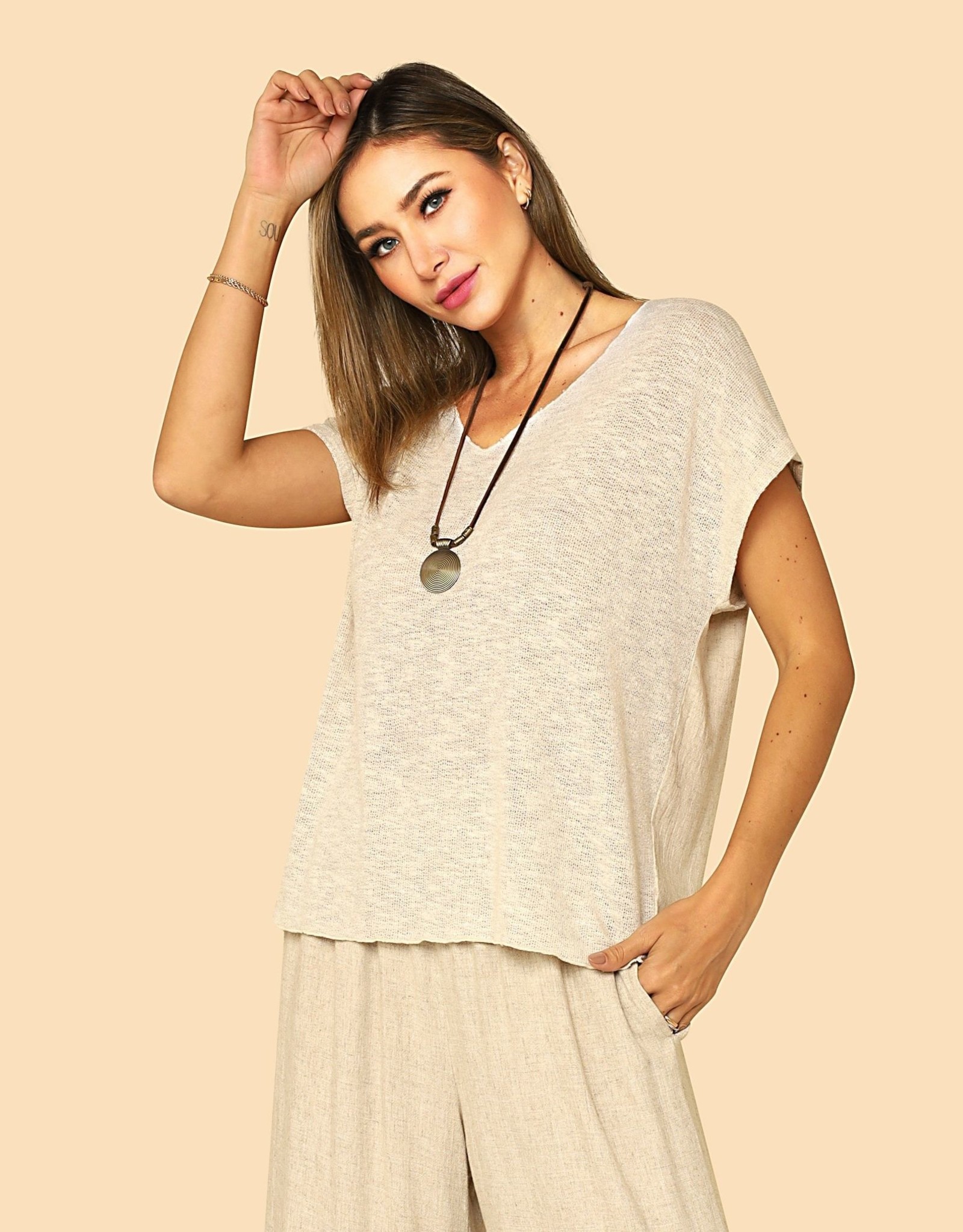 - Oatmeal Knit Front Cap Sleeve V-Neck Top