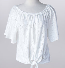 - White Eyelet Short Sleeve Knit Top w/Front Tie