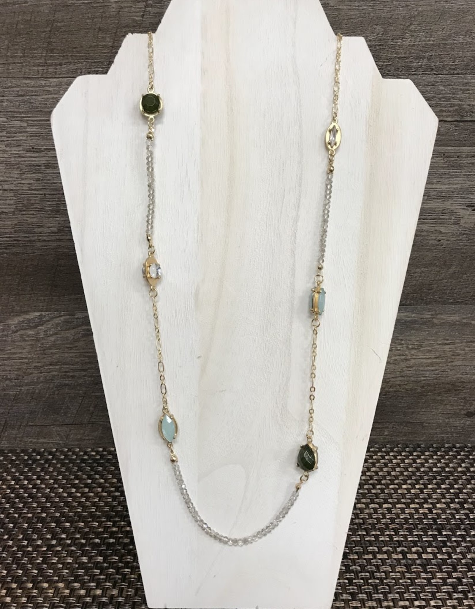- Gold Crystal Bead & Green Gem Long Necklace
