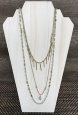 - Gold 3 Layer Mint & Pink Bead Long Necklace
