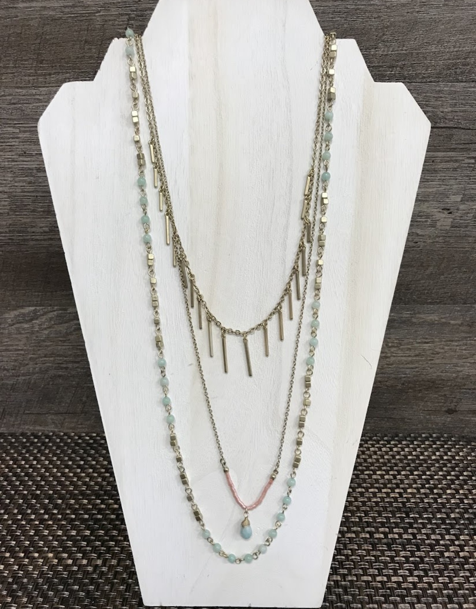 - Gold 3 Layer Mint & Pink Bead Long Necklace