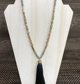 - Gold & Grey Beaded Long Necklace w/Tassel