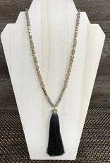 - Gold & Grey Beaded Long Necklace w/Tassel