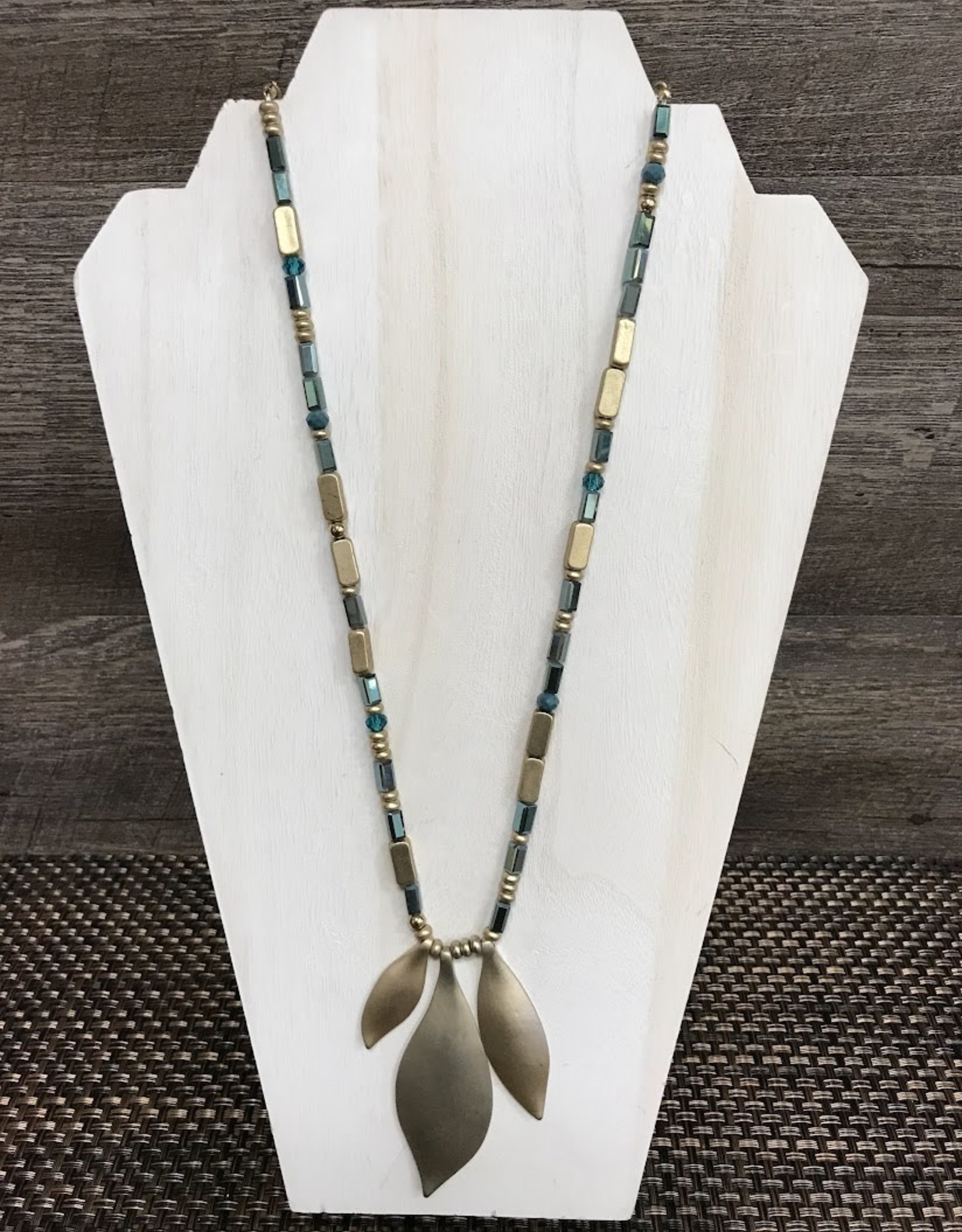 - Gold Teal Beaded w/Shaped Pendants Long Necklace