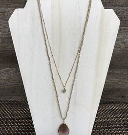 - Gold 2 Layer Crystal Beaded w/Mauve Gem Long Necklace