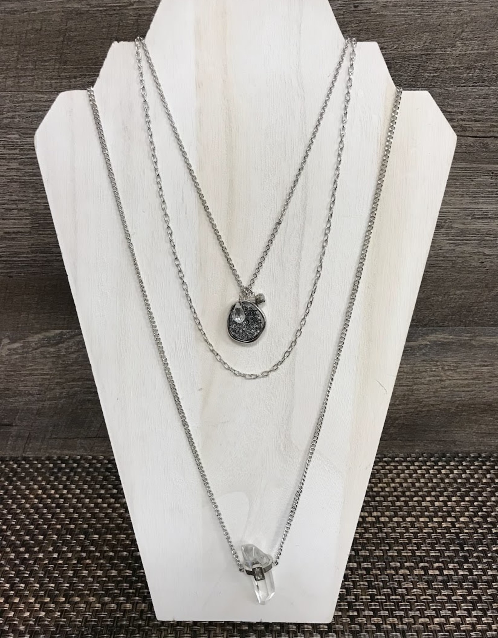 - Silver 3 Layer Grey Crystal Rock Necklace