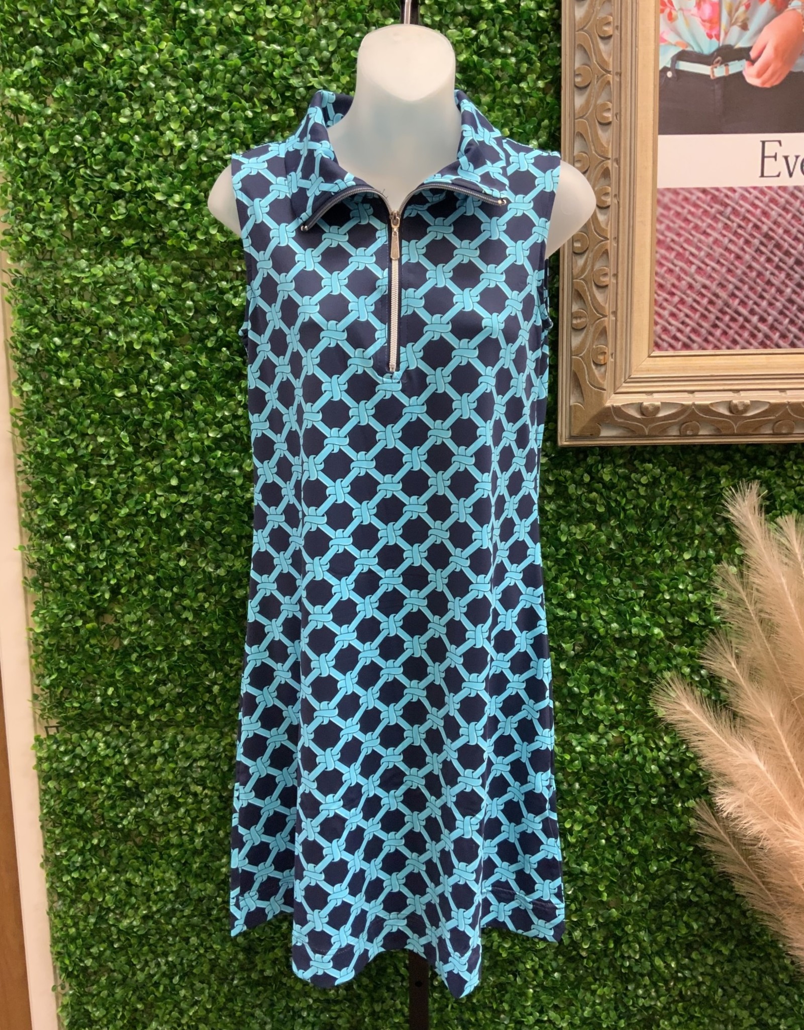 Lulu B Navy/Teal Knot Print Sleeveless 1/4 Zip Dress